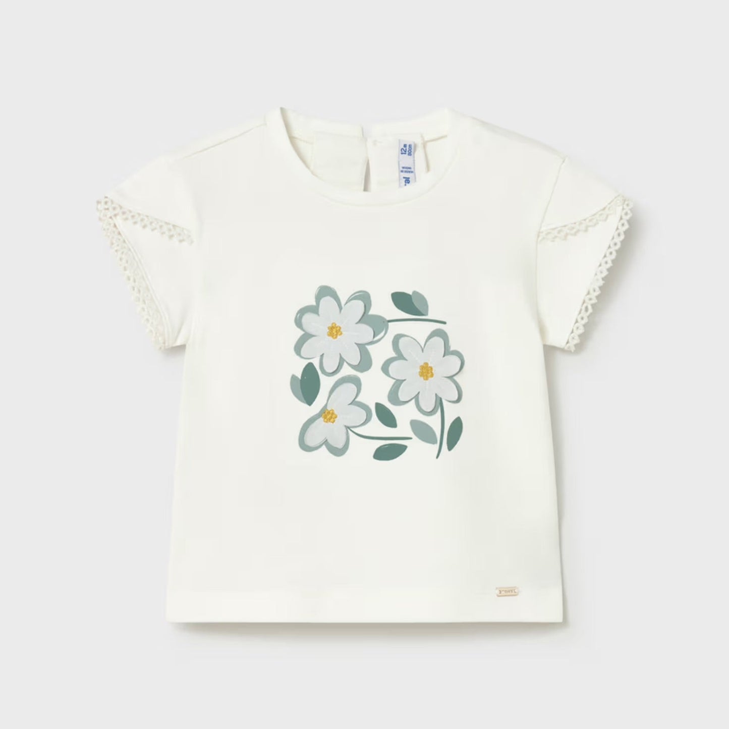 White tee with 3D aqua daisy motif