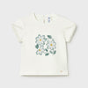 White tee with 3D aqua daisy motif