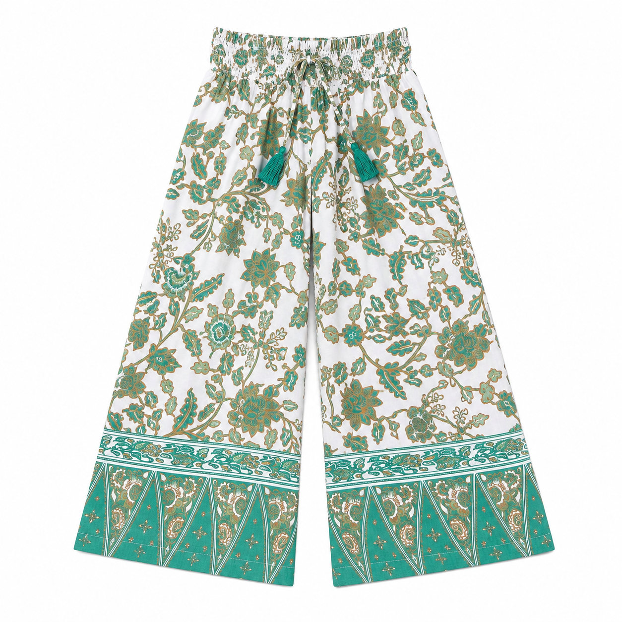 Floral-patterned pants with green accents on a white background