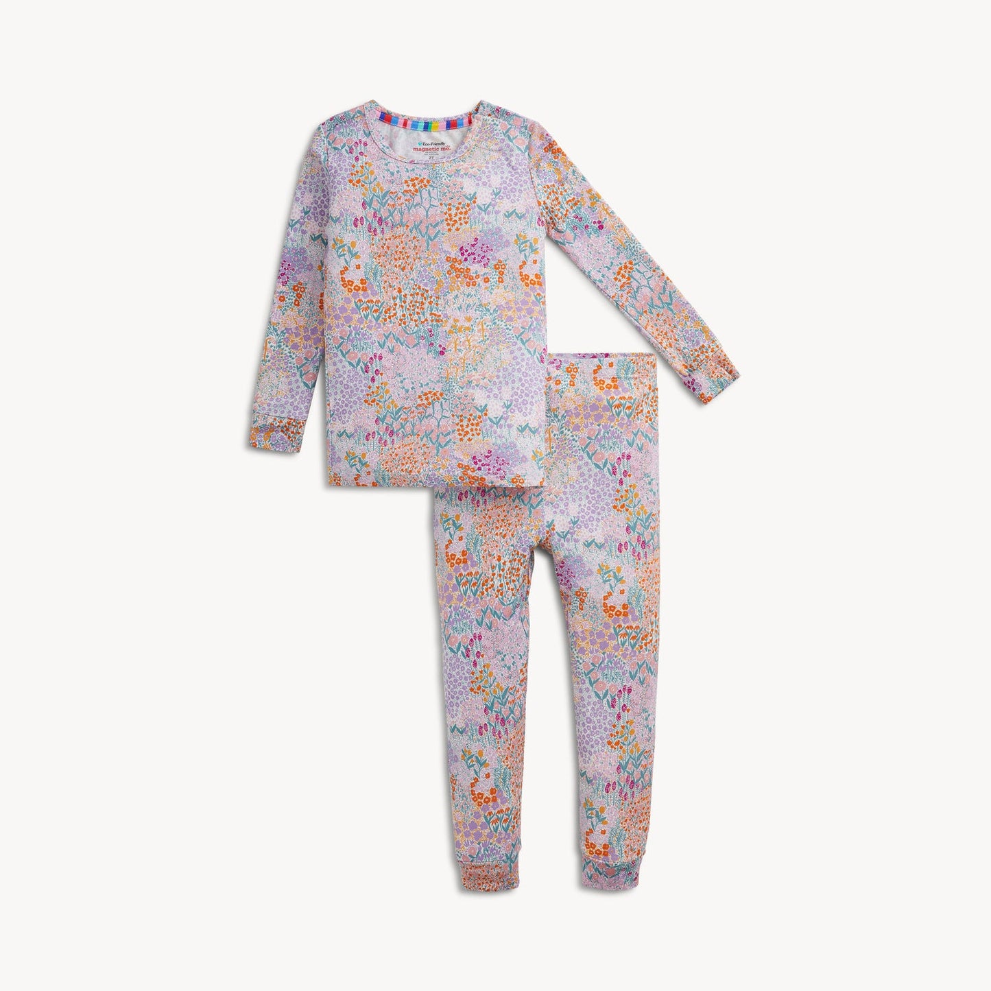A two-piece baby pajama set featuring a long-sleeve top and matching pants in a pink base with a floral all over print, multicolored floral pattern.