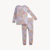 A two-piece baby pajama set featuring a long-sleeve top and matching pants in a pink base with a floral all over print, multicolored floral pattern.