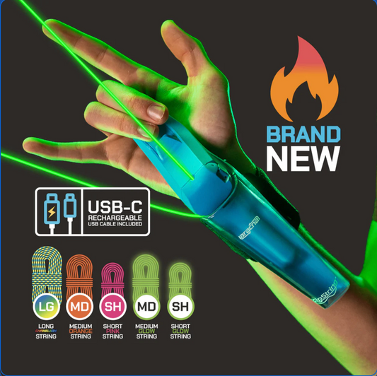 Glowing green and blue device with USB-C feature on a dark background