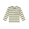 A children's long-sleeve striped shirt with horizontal sage green and cream stripes, featuring a small chest pocket with a green border, photographed flat against a white background.