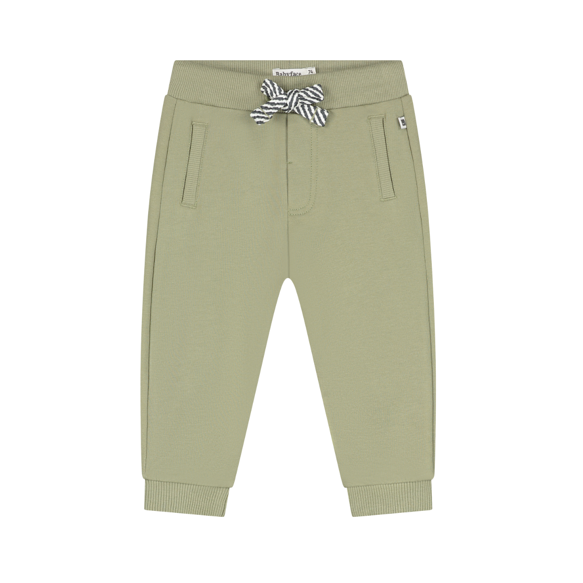 A pair of sage green children's jogger pants with a black and white striped drawstring, shown flat on a white background.