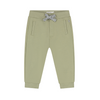A pair of sage green children's jogger pants with a black and white striped drawstring, shown flat on a white background.