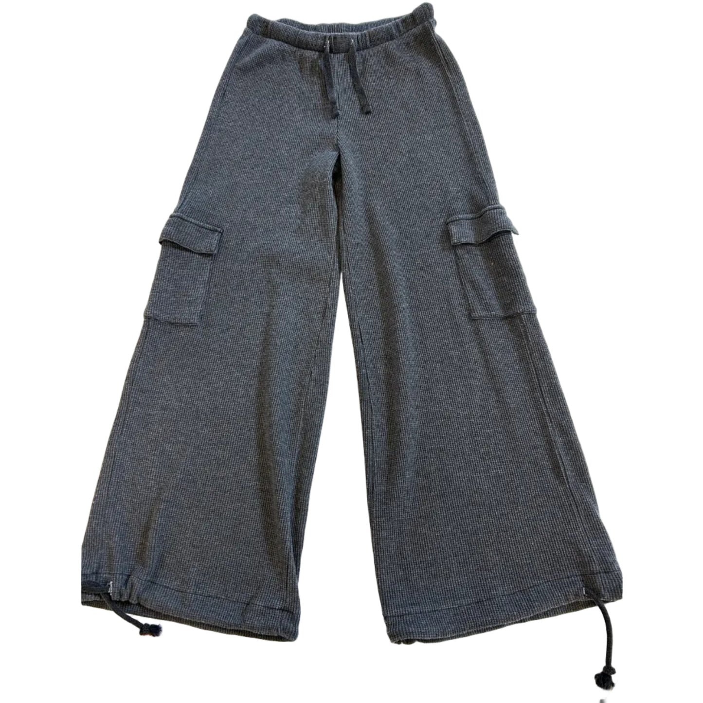 Dark gray ribbed knit lounge pants with cargo pockets and drawstring waist, laid flat on a white surface.