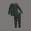 A two-piece children's pajama set featuring a long-sleeve top and matching pants with an all-over dinosaur space print on a dark gray background.