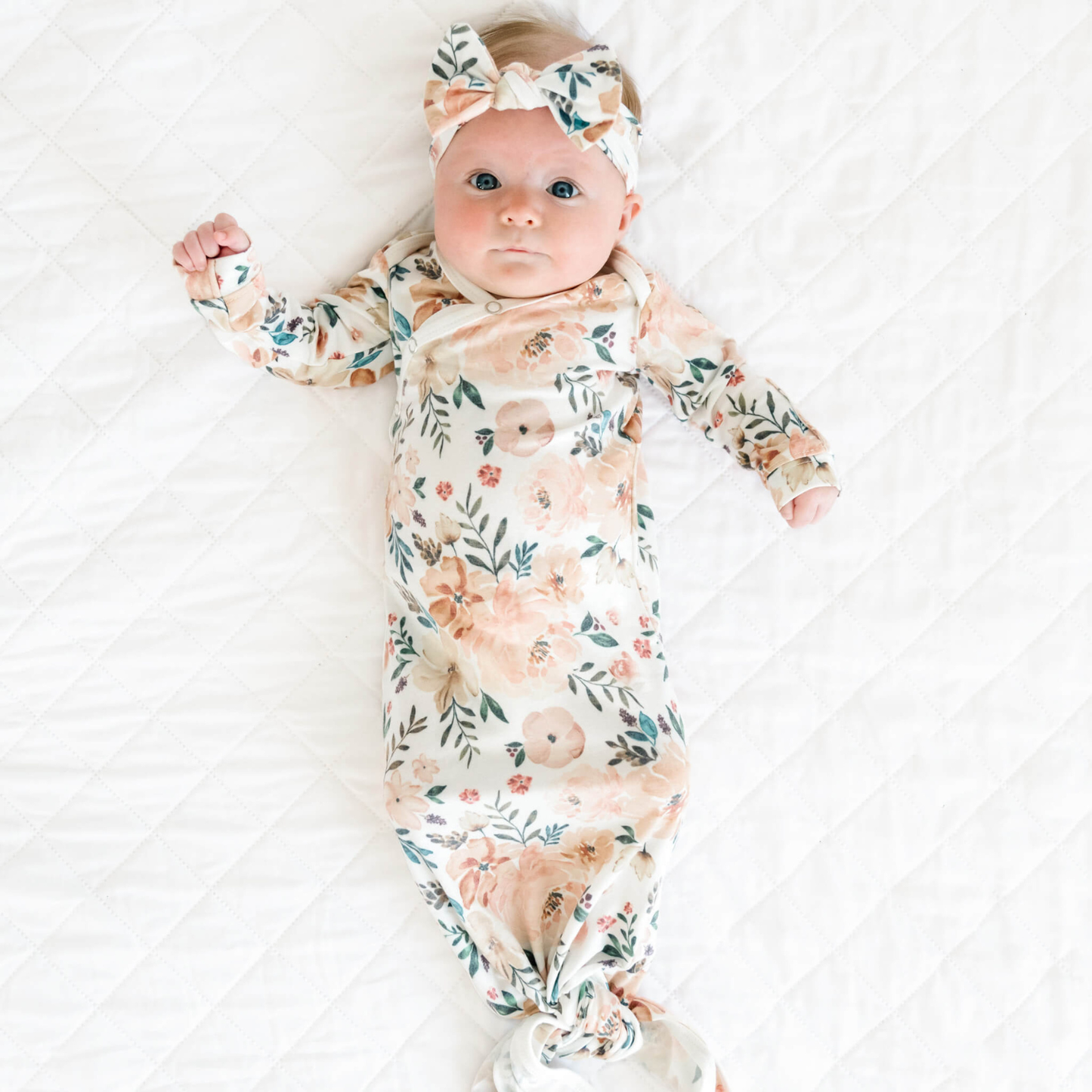 Floral baby knotted gown with peach flowers on white