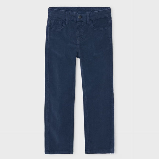 A pair of dark blue slim-fit corduroy pants
