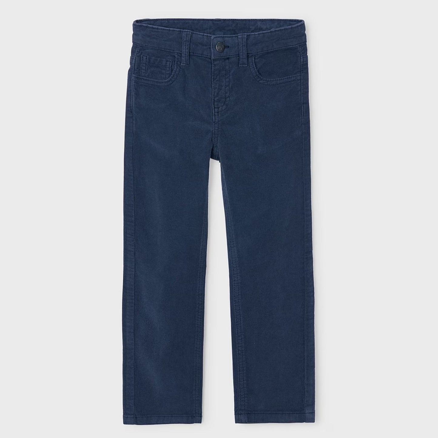 A pair of dark blue slim-fit corduroy pants