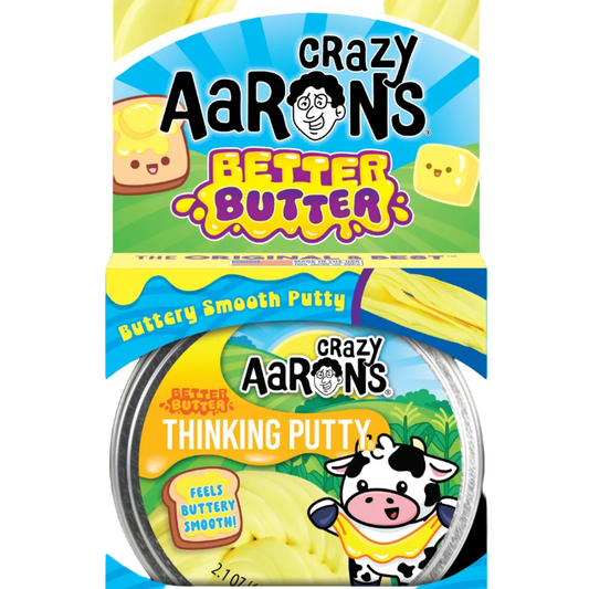 Crazy Aaron's Better Butter putty packaging with a cartoon cow character on a blue background
