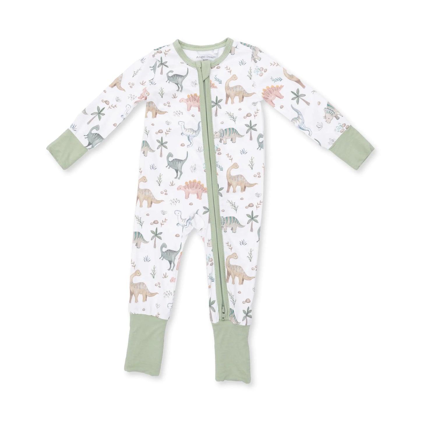 A baby long-sleeve footless one-piece sleeper with a front zipper, featuring a white background with a colorful dinosaur print and sage green cuffs and leg cuffs.
