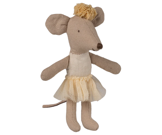 Stuffed mouse toy with a beige dress on a white background