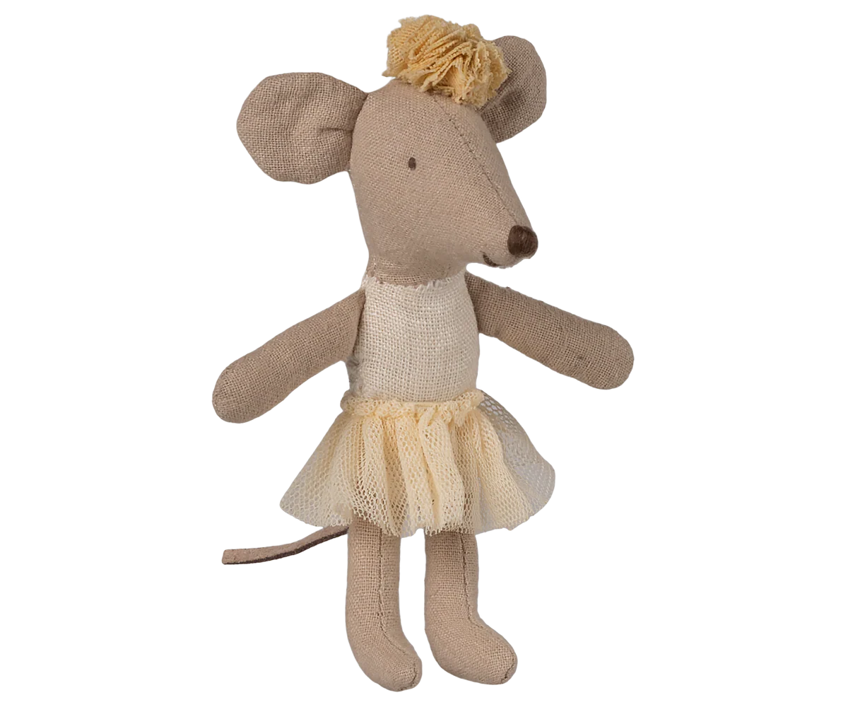 Stuffed mouse toy with a beige dress on a white background