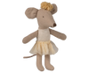 Stuffed mouse toy with a beige dress on a white background