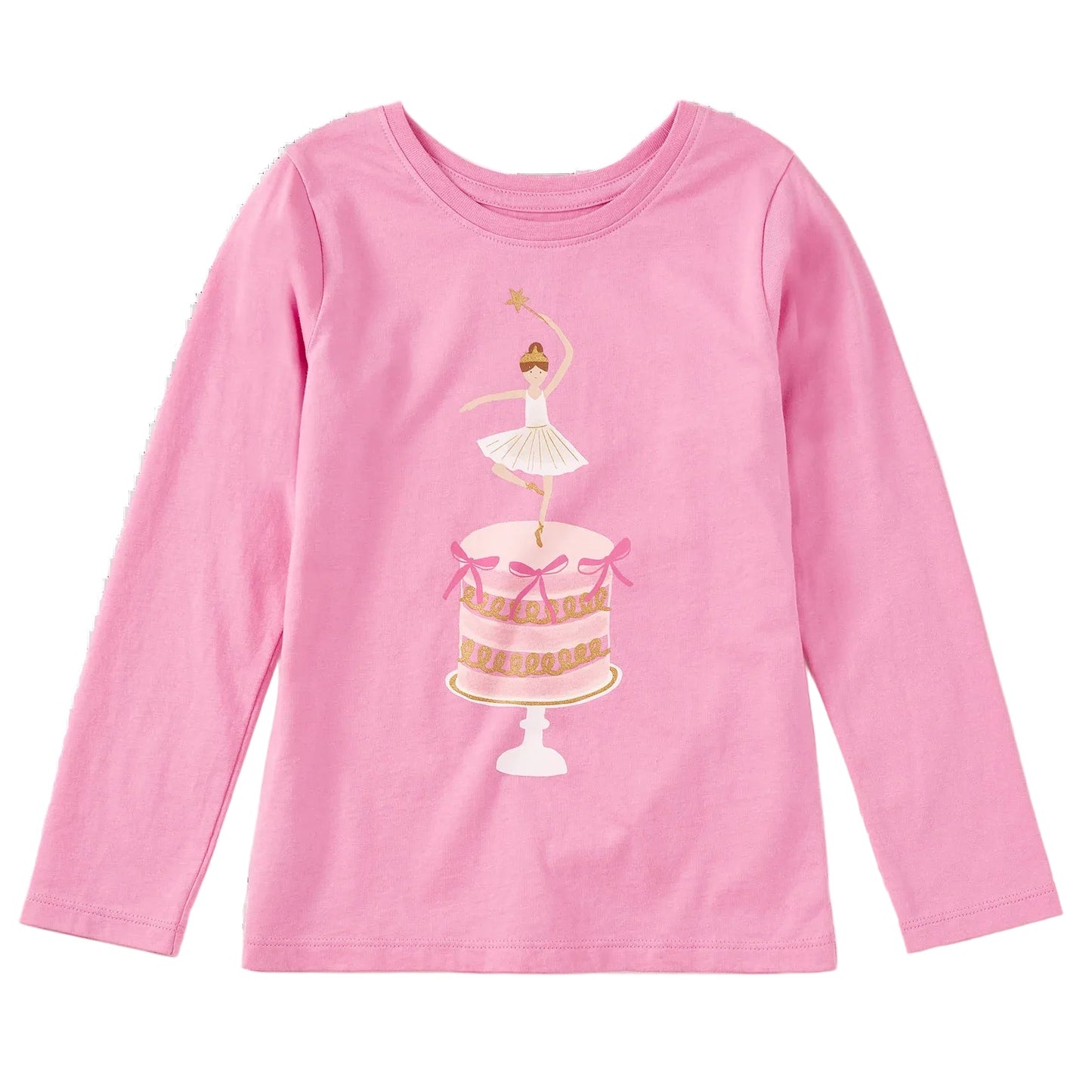 A pink long-sleeve crewneck shirt for kids, featuring a graphic print of a ballerina dancing on top of a decorated cake on a white background.