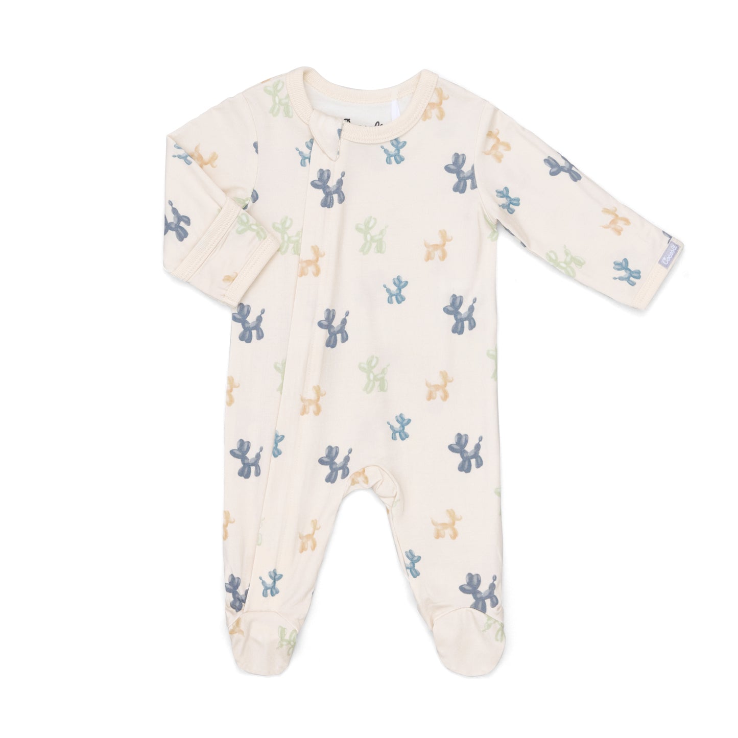 Baby footie with colorful balloon animal print and zipper closure. 