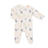 Baby footie with colorful balloon animal print and zipper closure. 