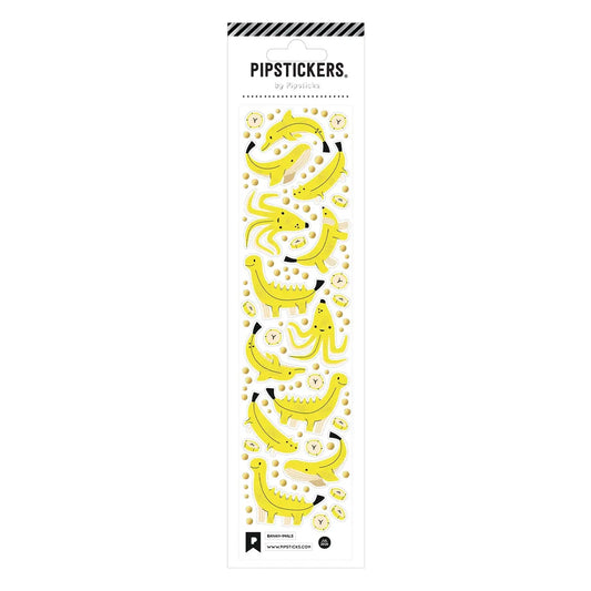 A vertical package of banana-themed lip stickers on a white background. The packaging features cartoon bananas in yellow and black, along with small yellow smiley faces and dots.