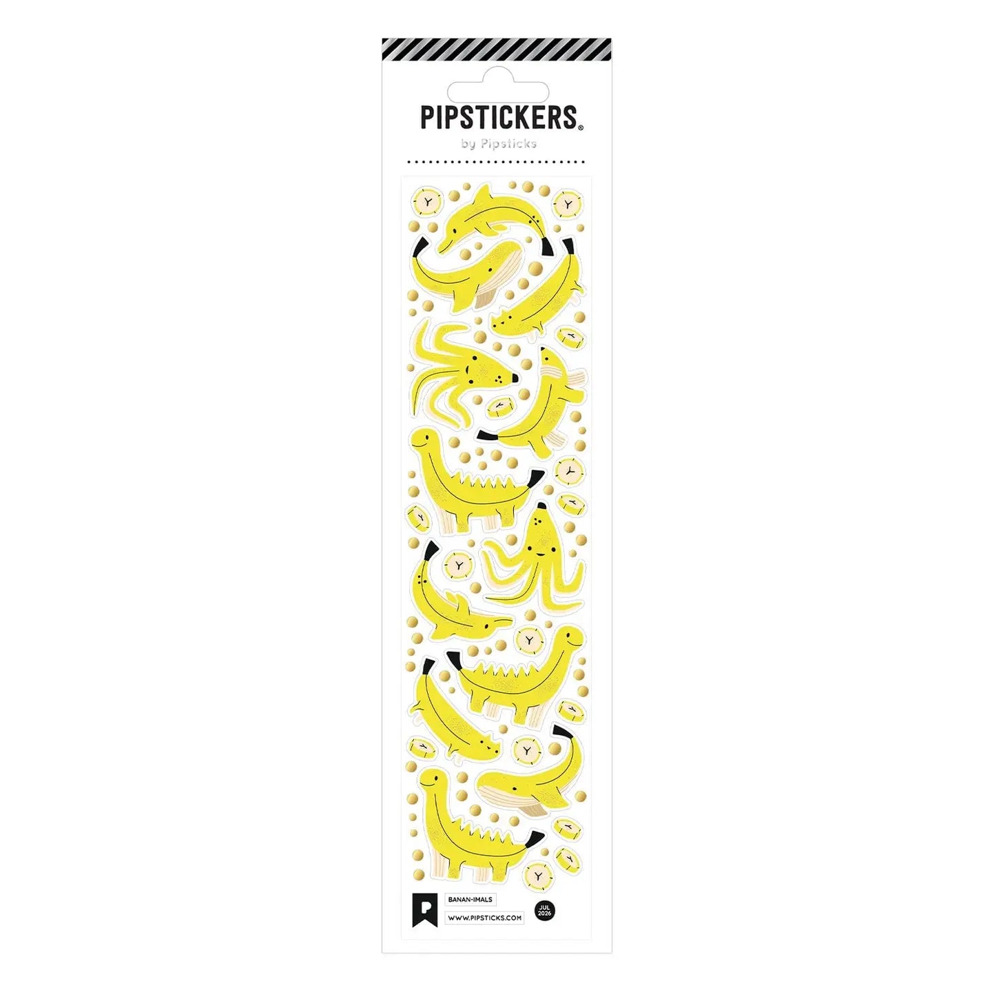 A vertical package of banana-themed lip stickers on a white background. The packaging features cartoon bananas in yellow and black, along with small yellow smiley faces and dots.
