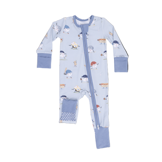 Baby romper with blue baseball motif pattern