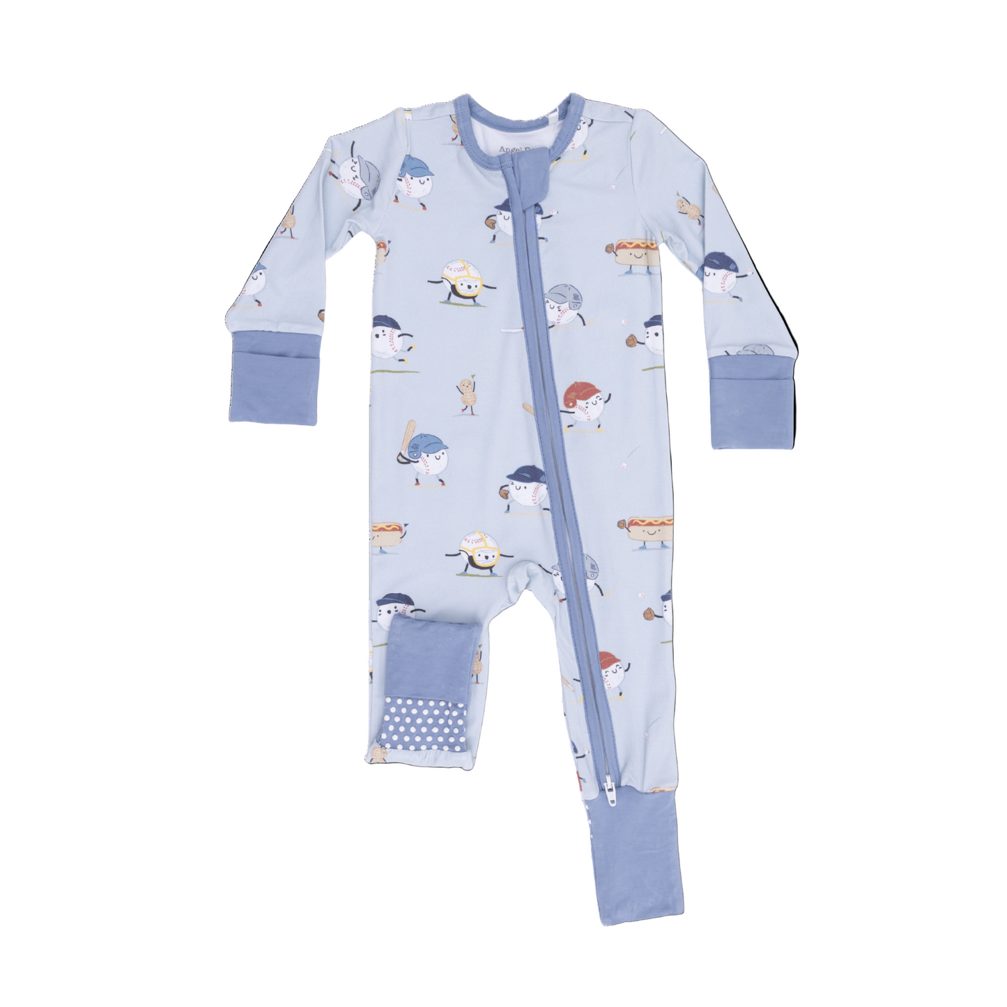 Baby romper with blue baseball motif pattern