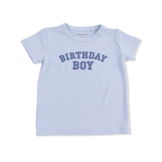 Light blue t-shirt with 'Birthday Boy' text 