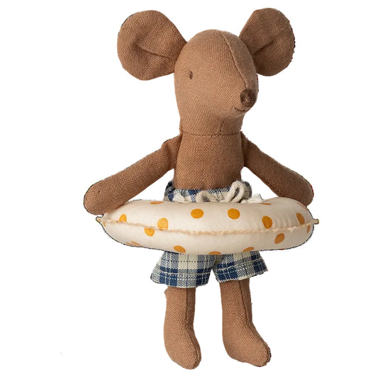 Stuffed mouse toy holding a life buoy on a white background
