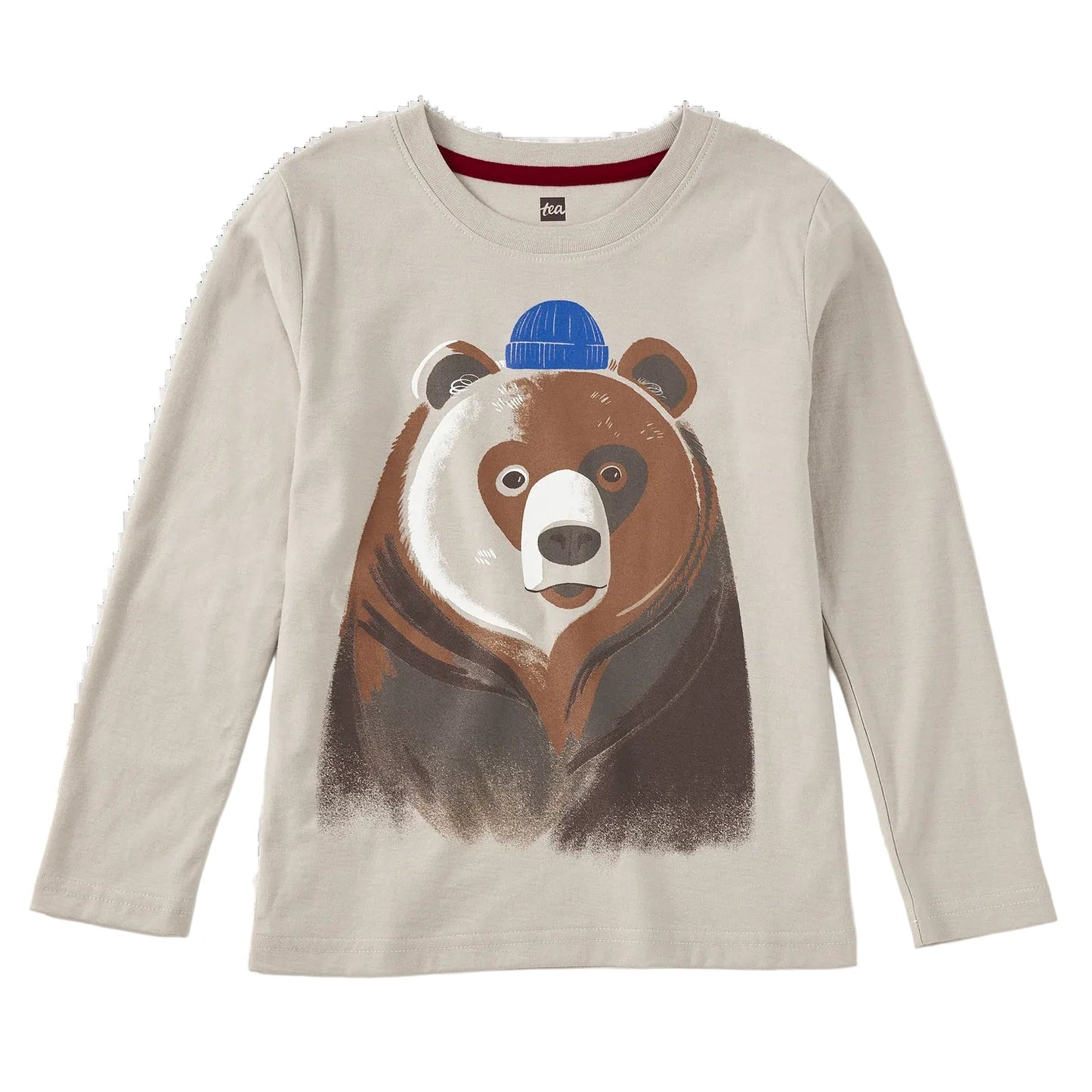 long sleeve t-shirt with graphic image of a bear wearing a knit hat
