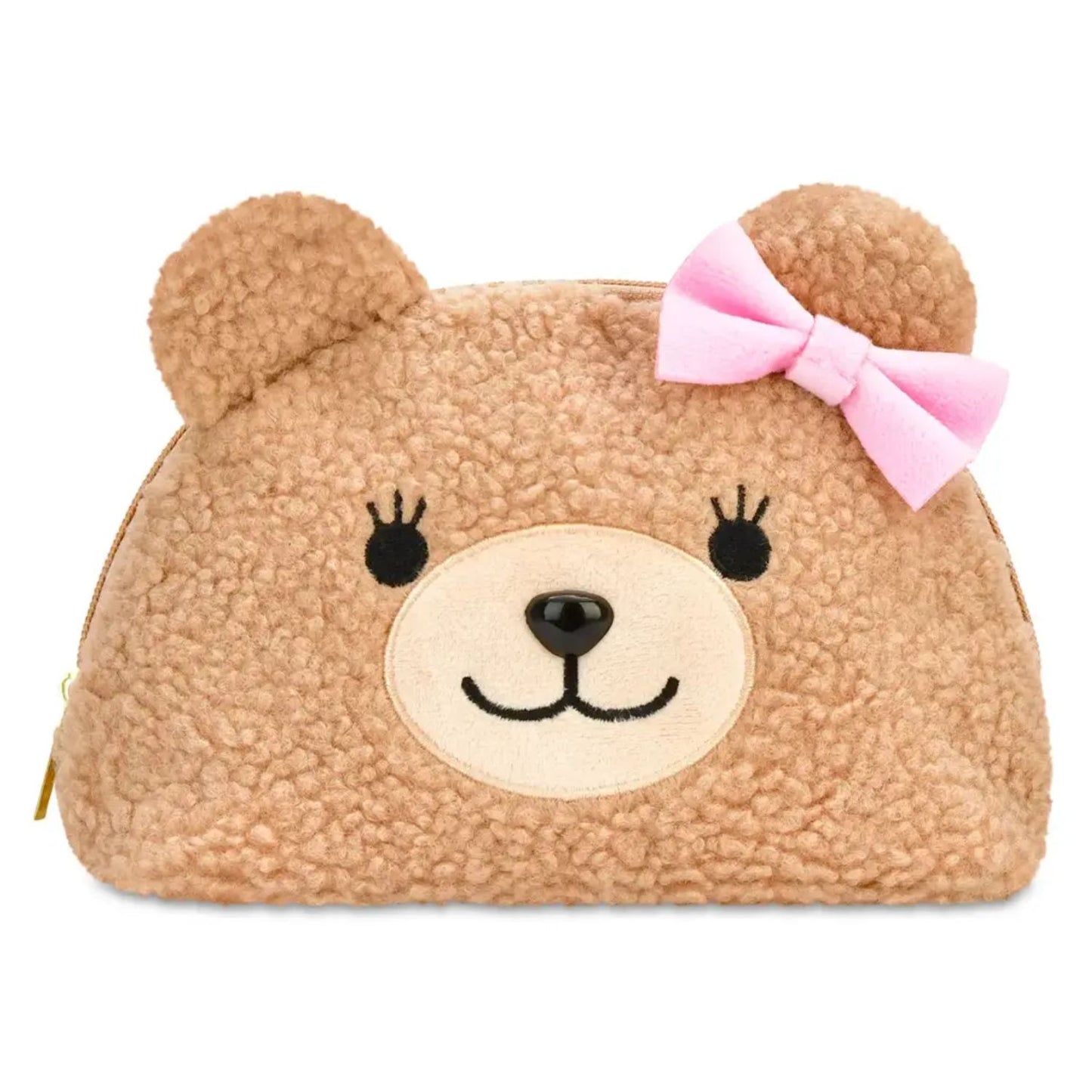 Soft sherpa cosmetic bag with teddy bear charm