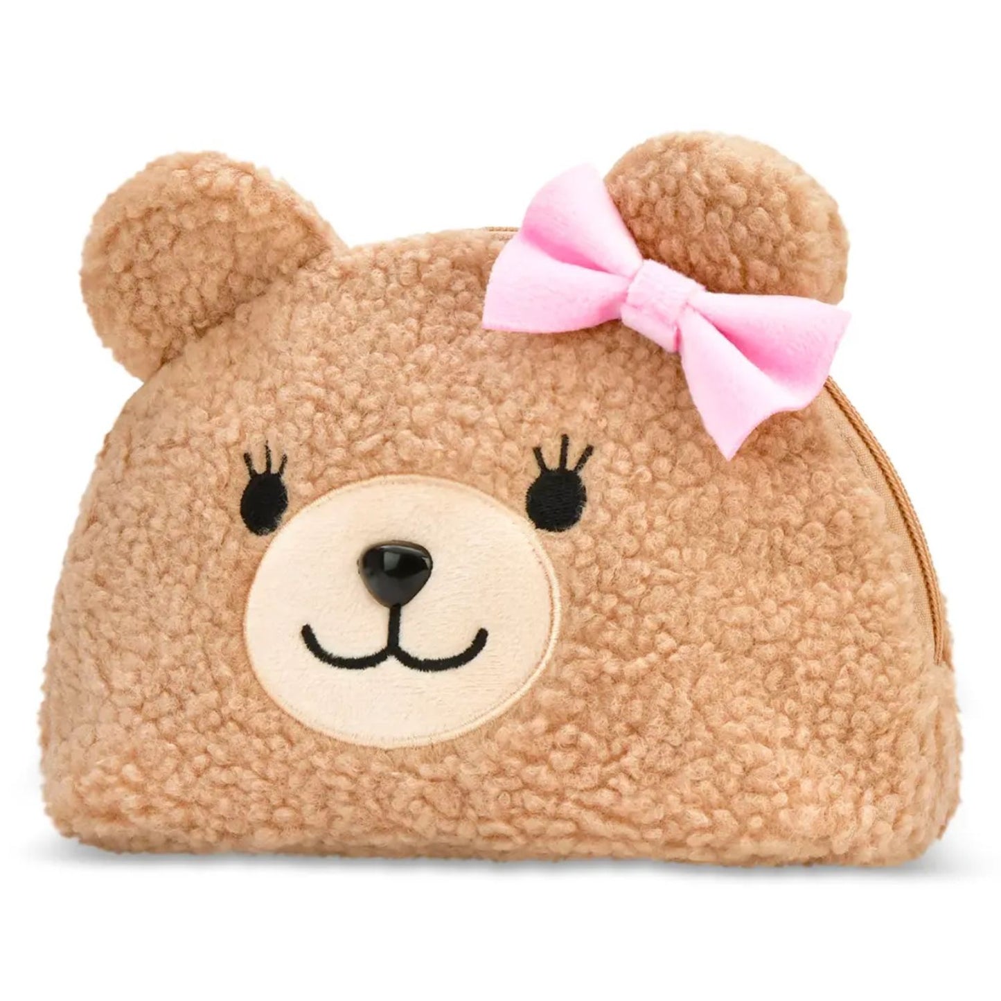 Soft sherpa cosmetic bag with teddy bear charm
