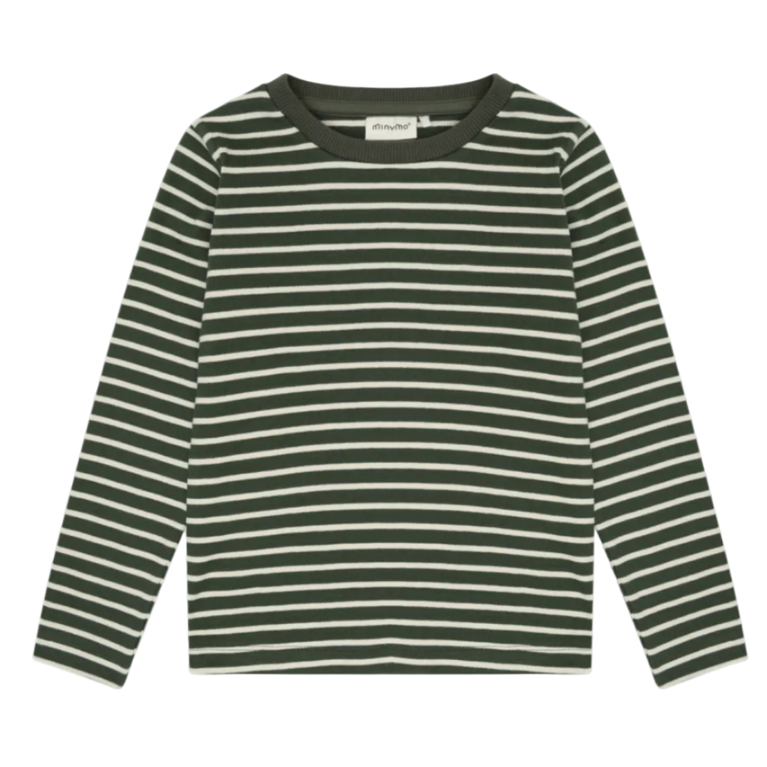 A long-sleeve crewneck top with horizontal stripes in dark green and off-white, laid flat against a light gray background.