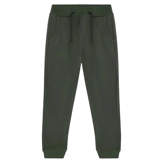A pair of dark olive green sweatpants with a drawstring waistband and side pockets, shown flat against a plain white background.