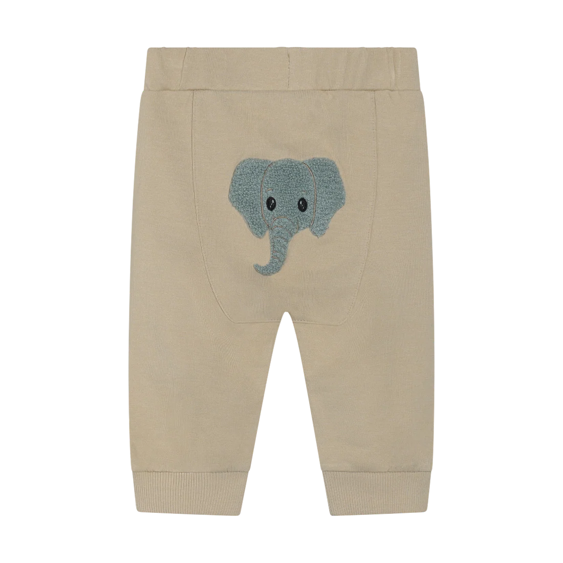 Beige baby pants with a blue elephant applique on a white background