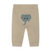 Beige baby pants with a blue elephant applique on a white background