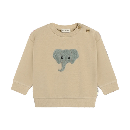 Beige sweatshirt with a blue elephant design on a white background