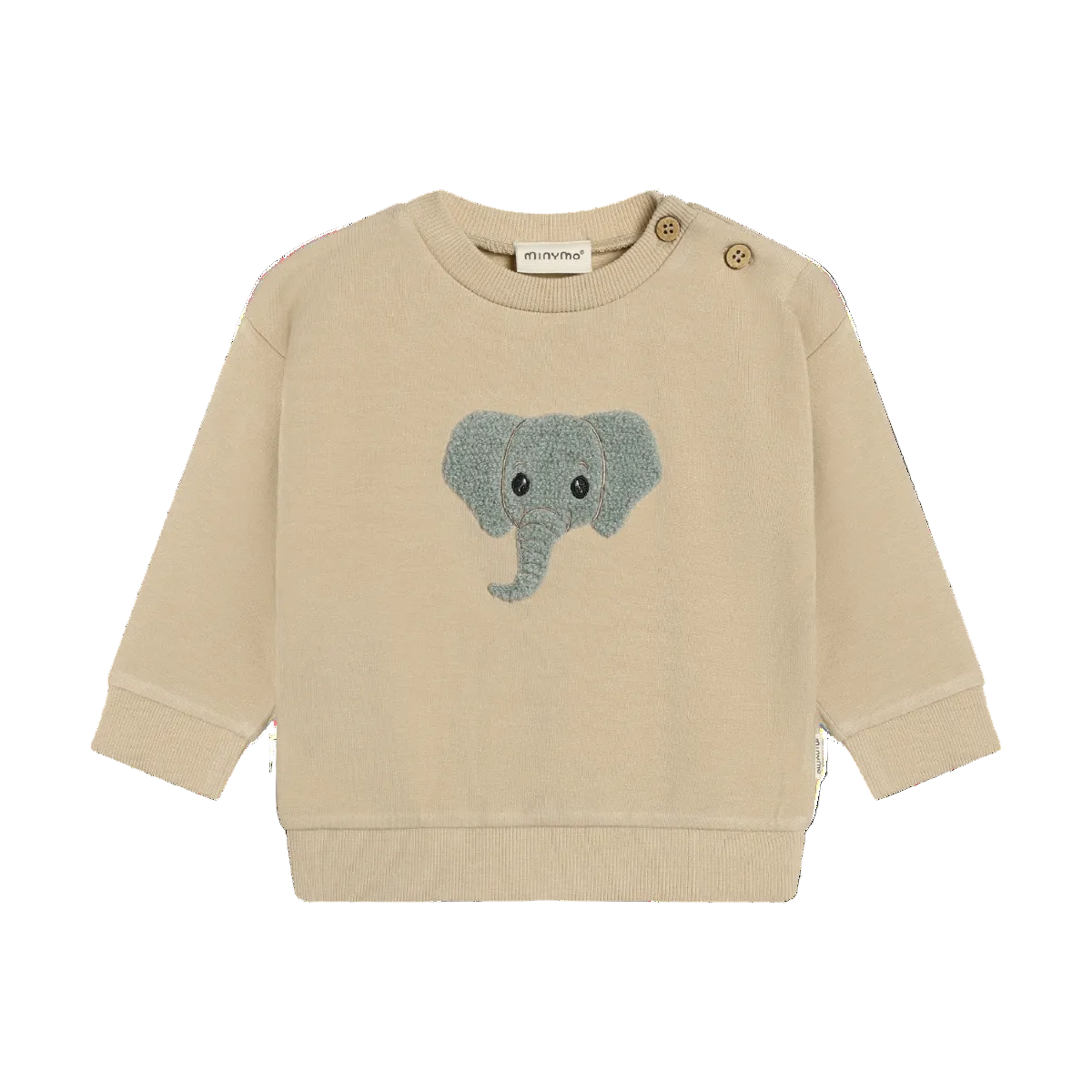 Beige sweatshirt with a blue elephant design on a white background