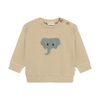 Beige sweatshirt with a blue elephant design on a white background