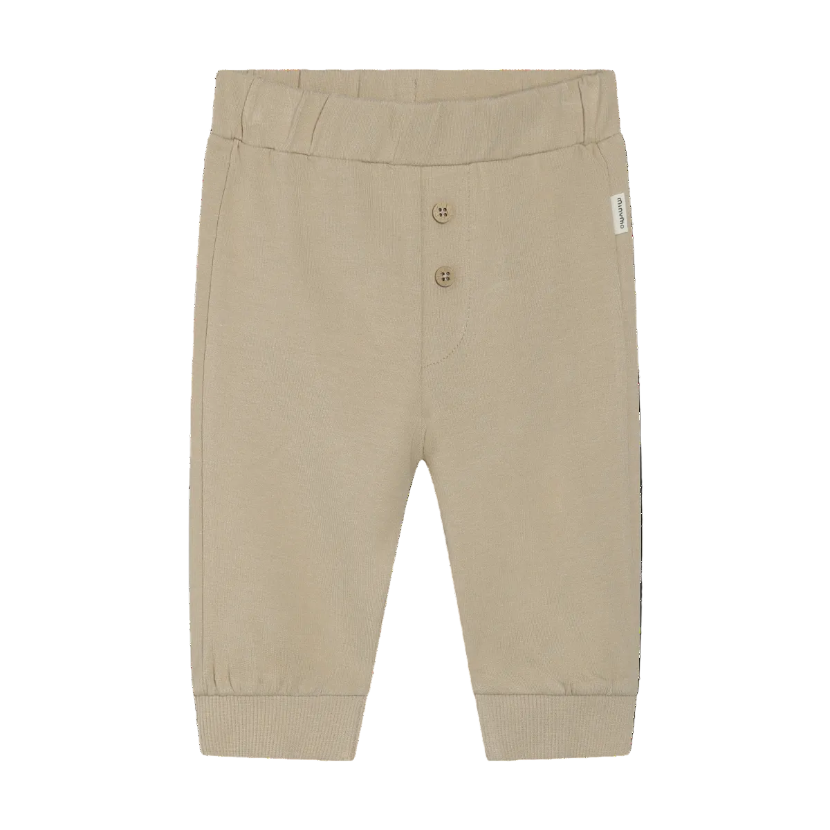 Beige baby pants with button details on a white background
