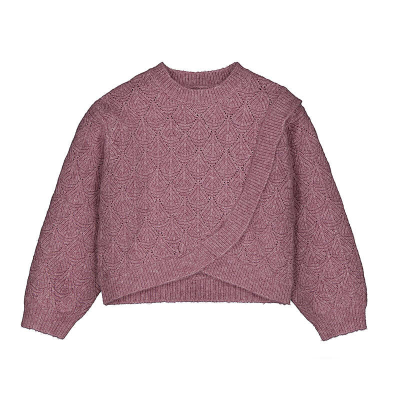 A berry pink cable-knit sweater with a unique asymmetrical wrap-style hem, laid flat against a solid white background.