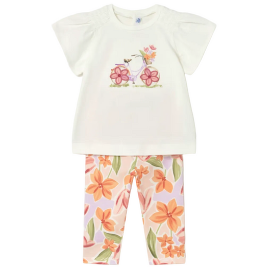 White top with bicycle floral motif and coordinating floral leggings 