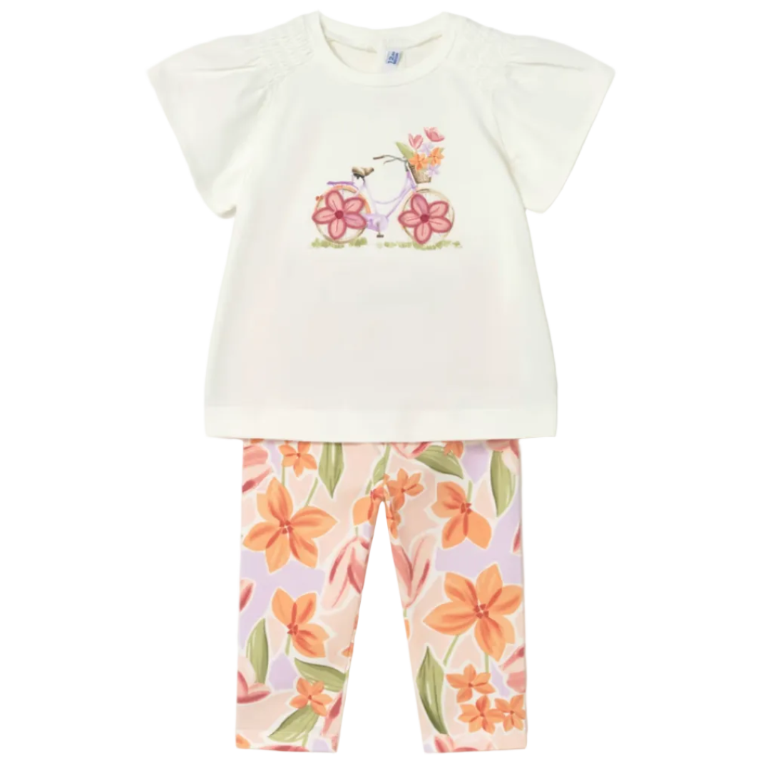 White top with bicycle floral motif and coordinating floral leggings 