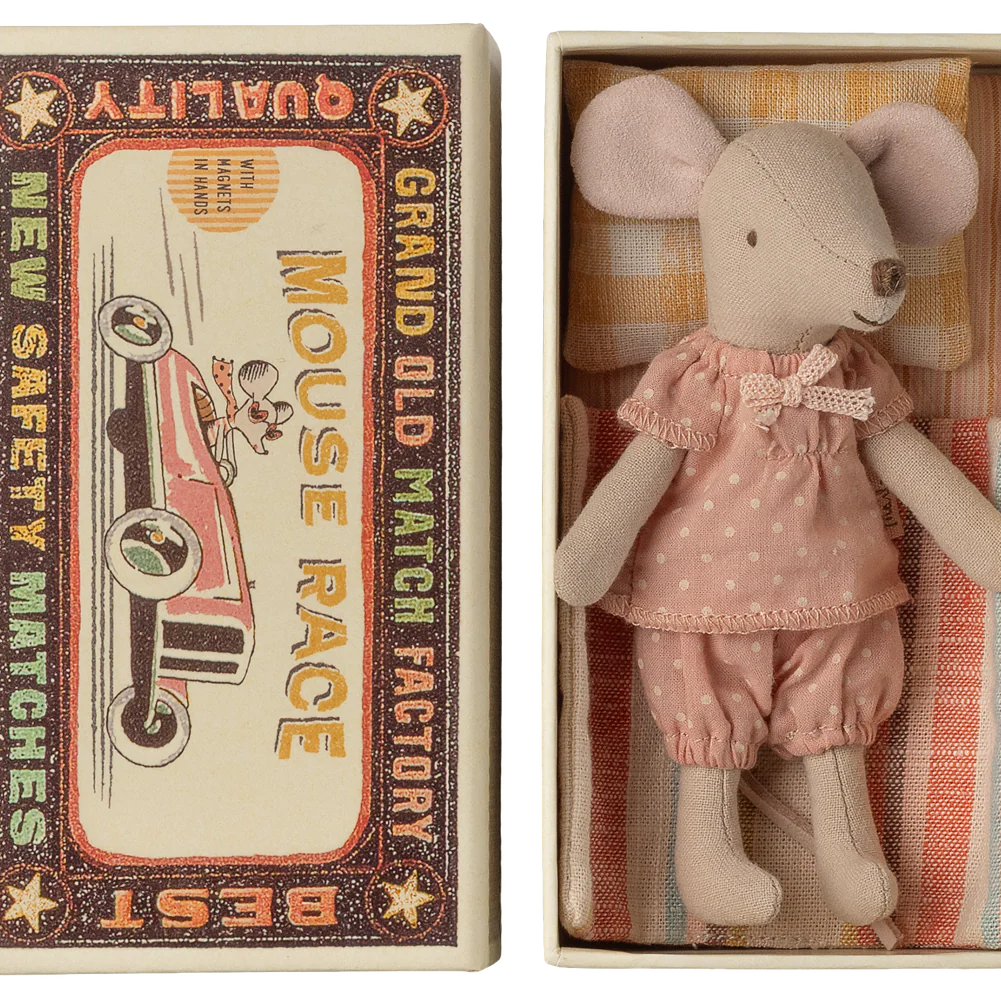 Stuffed mouse toy in a matchbox with vintage-style packaging