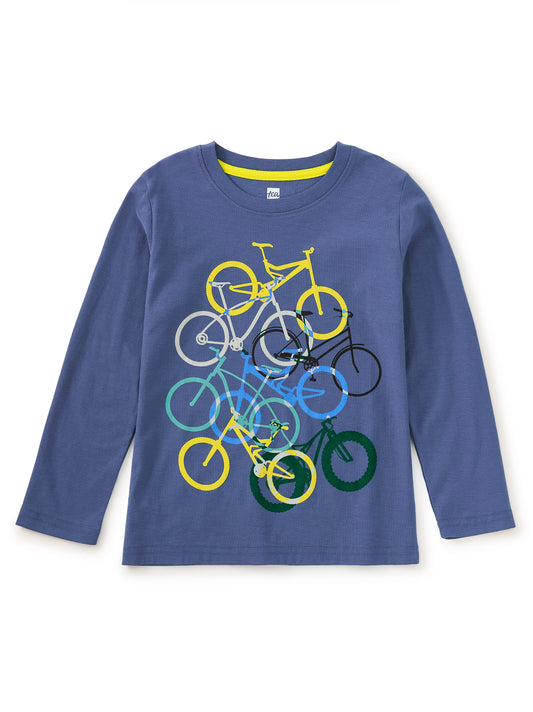 Blue long-sleeve shirt with colorful bicycle graphic on a white background