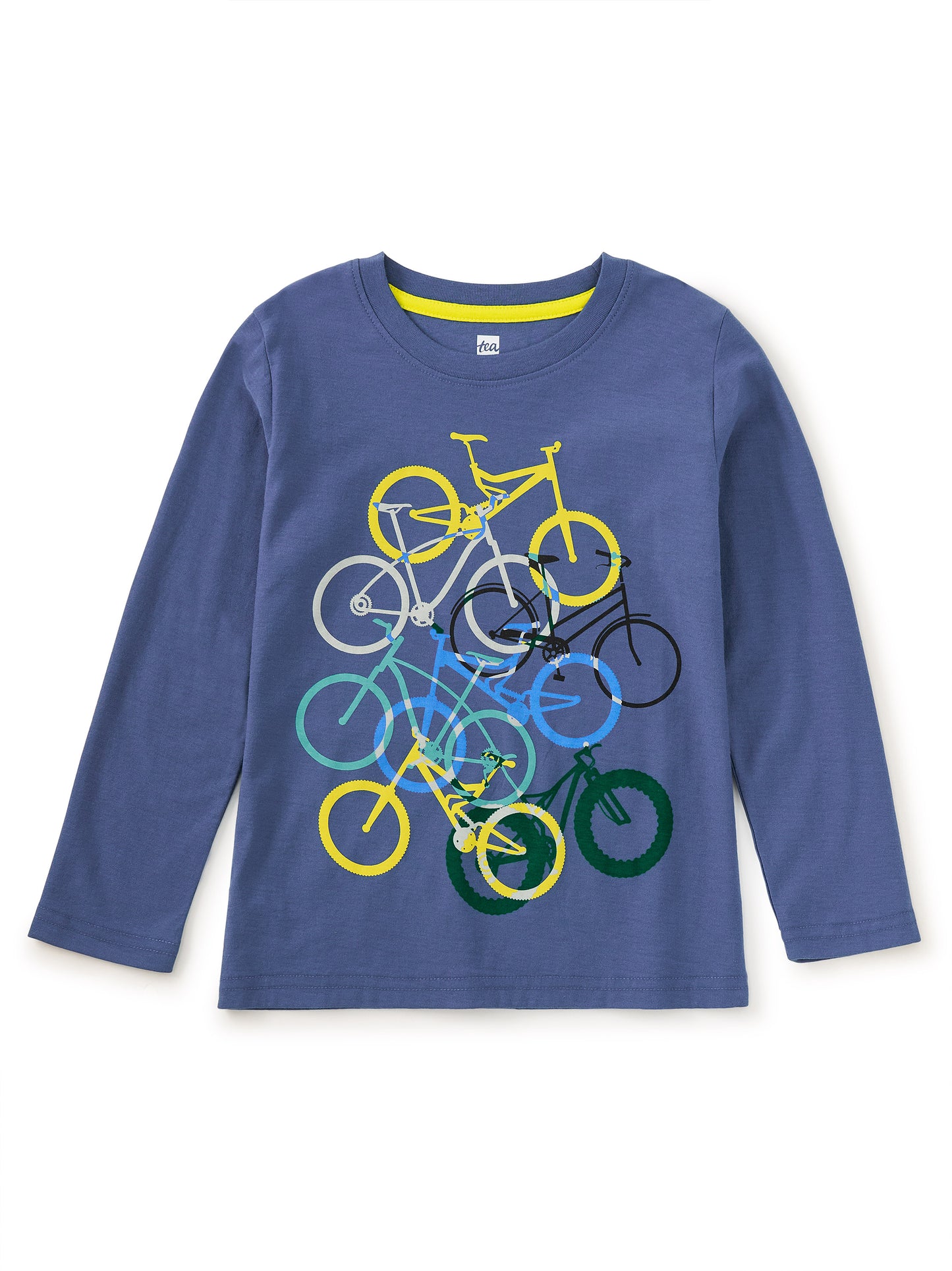 Blue long-sleeve shirt with colorful bicycle graphic on a white background