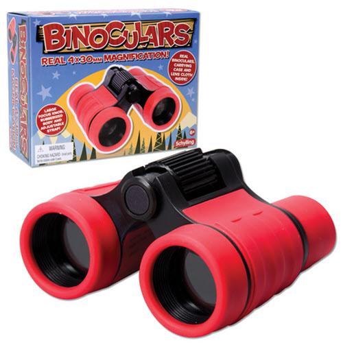 Red binoculars with black accents in front of their packaging on a white background