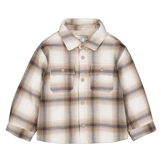 Tan, white and charcoal plaid shacket for baby boys