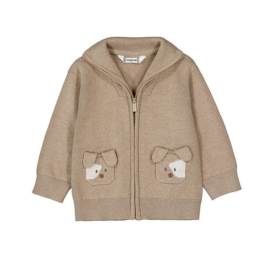 Tan zip cardigan with puppy motif at the front pockets for baby boys