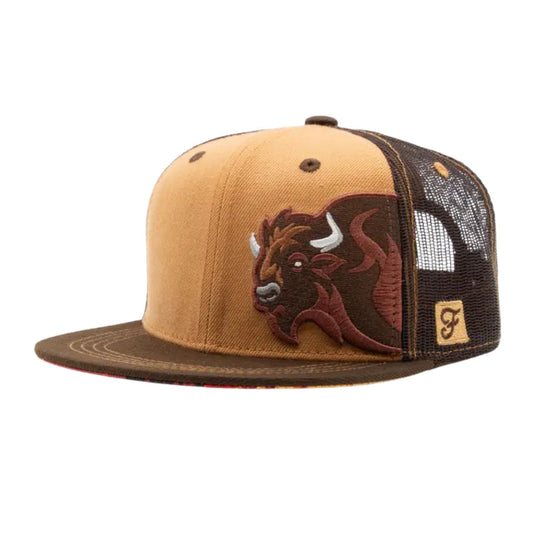 Kids brown flat bill hat with bold bison design