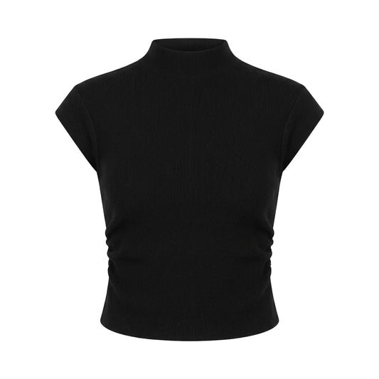 A black short-sleeve mock neck crop top with side ruching